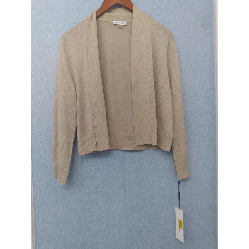 Classic Beige Open Front Cardigan Sweater Lightweight Knit Layer